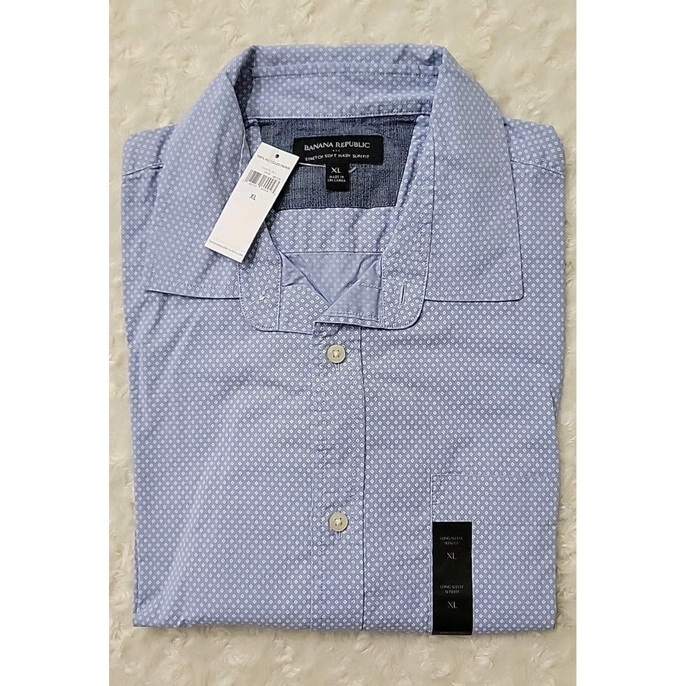 NWT Banana Republic Shirt Mens Lt Blue w White Diamonds Stretch Soft Slim | XL